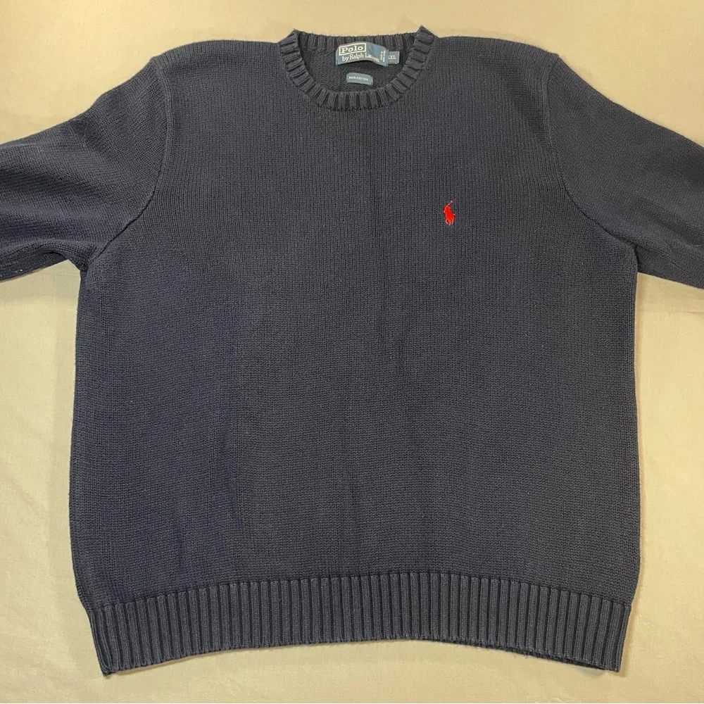 VINTAGE Polo Ralph Lauren 100% Cotton Knit Crewneck Sweater - Navy - Mens XXL